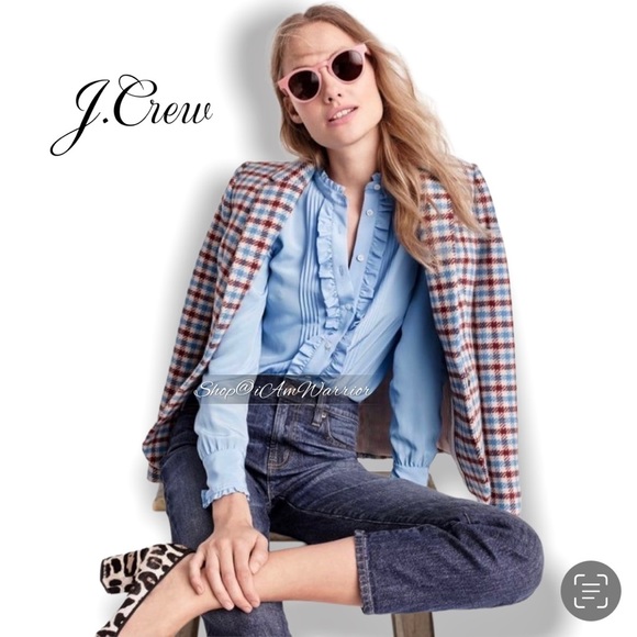 J.Crew burgundy/rust, ivory & blue plaid elbow patch Campbell blazer